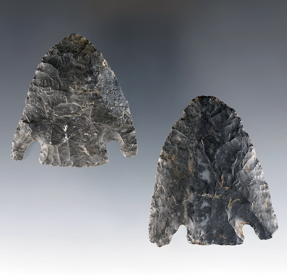 Pair of rare Ohio Basal Notched points made from Coshocton Flint. One has minor restoration.