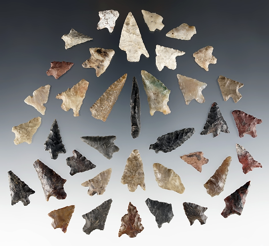 Set of 37 assorted points found in Clackamas Co., Oregon. The largest is 1 3/8".