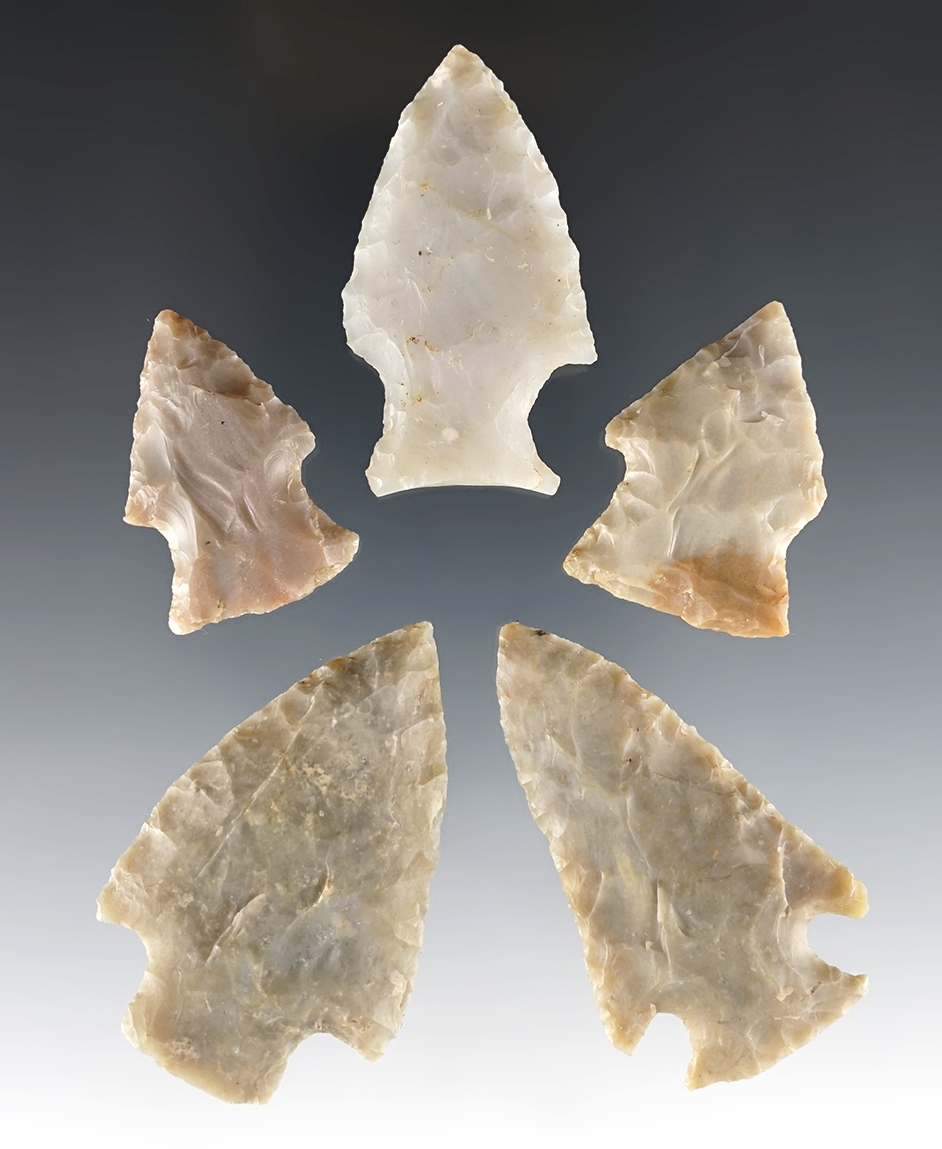 Set of 5 nice Ohio points made from Flint Ridge Flint. Coshocton, Ross, Gallia & Licking counties