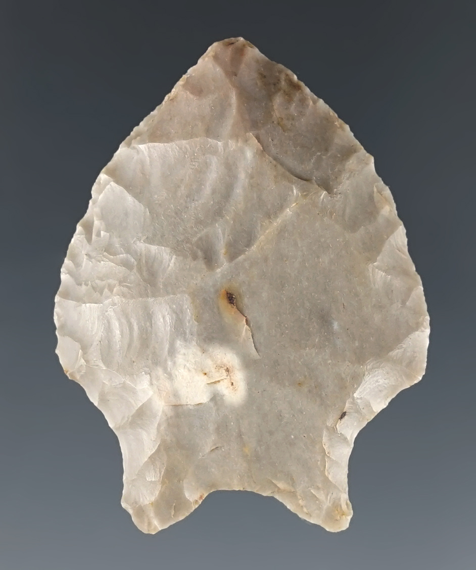 1 5/8" San Patrice made from gray Edwards Plateau Chert. Recovered in Texas near Texarkana.