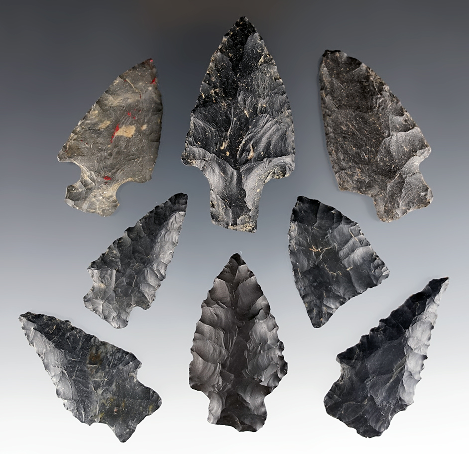 Set of 8 Ohio points made from Coshocton Flint. The largest is 2 5/16".