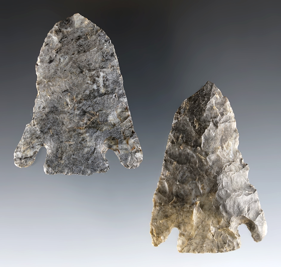 Pair of classic Ohio Basal Notch points in nice condition made from patinated Coshocton Flint.