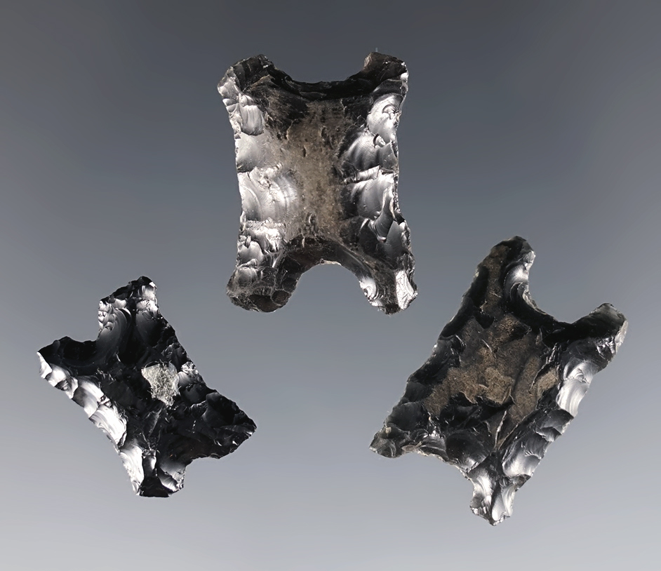 Set of three nice Obsidian Cruciform, Type 2. Found in New Mexico. The largest is 7/8".