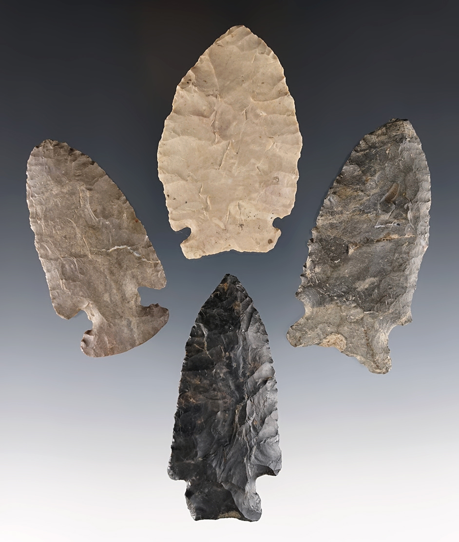 Set of 4 Ohio points including a Thebes E-Notch, Stilwell and others. The largest is 2 13/16".