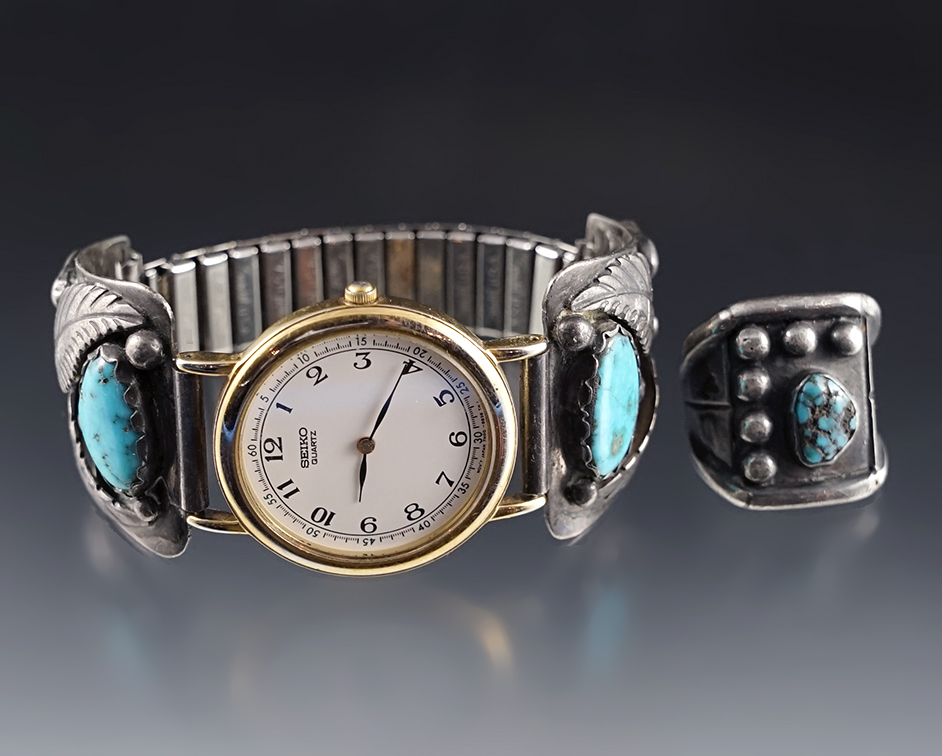 Pair of Vintage Southwestern Jewelry items including a watch band and a size 6 1/4 ring.