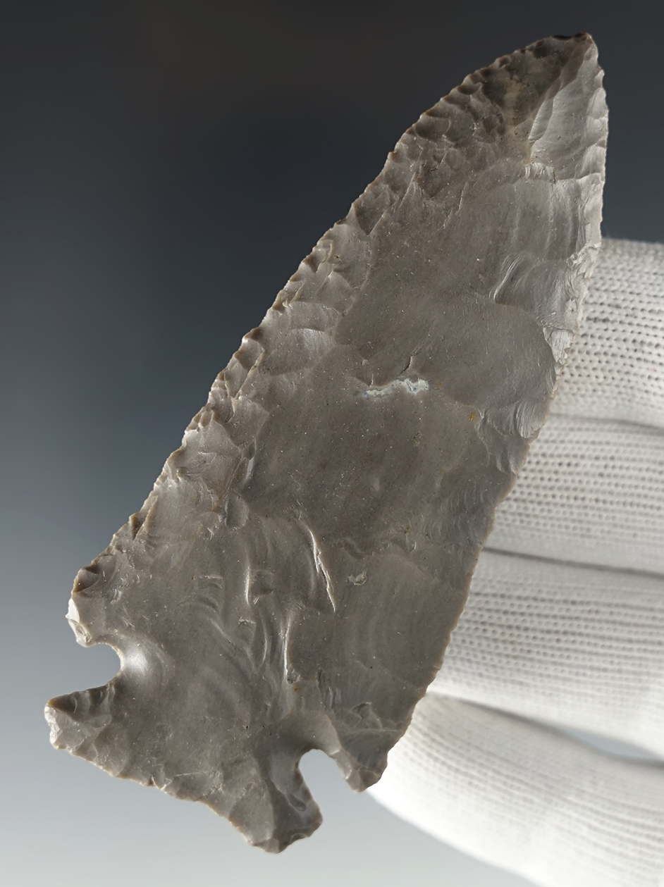 3 3/4" Archaic Knife that Davis types as a steeply Beveled Kirk Corner Notched -  Indiana. COA.