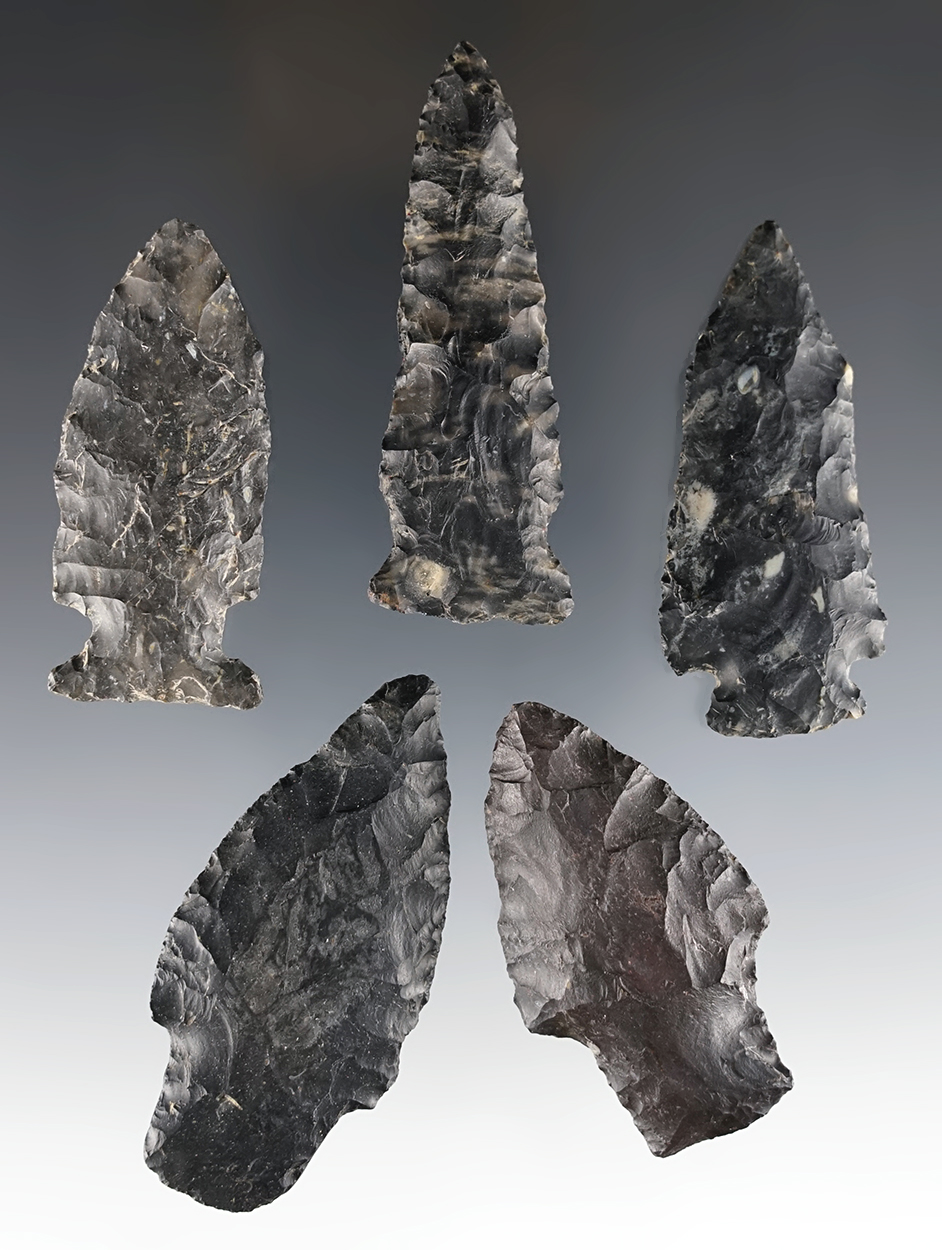 Set of 5 Ohio points that are well made from Coshocton Flint. The largest is 2 9/16".