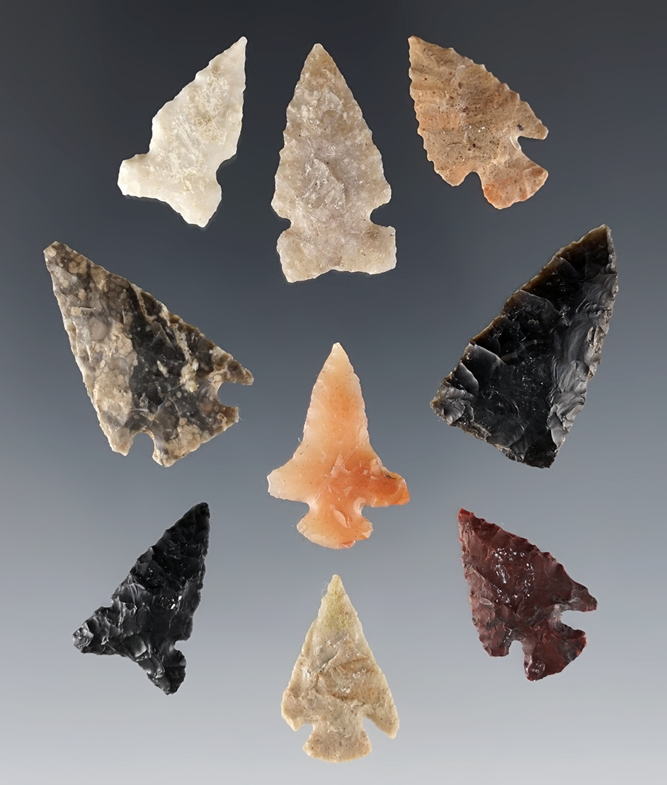 Set of 9 well made points found in the Western U.S. The largest is 1 1/16".