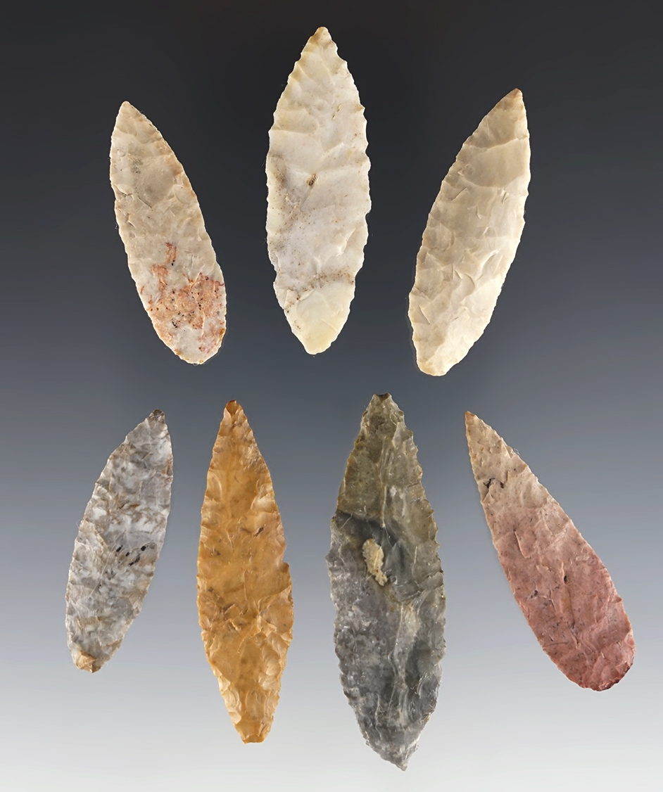 Set of 7 classic Nodena points found in Arkansas. The largest is 2 1/16"