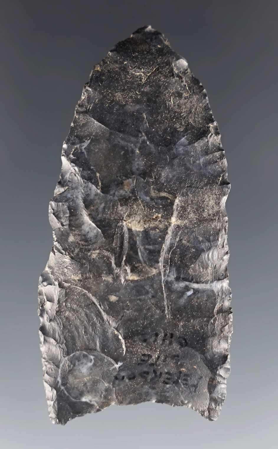 Nice 2 3/16" Paleo Dart point made from patinated Coshocton Flint. Peterson Site - Ohio.