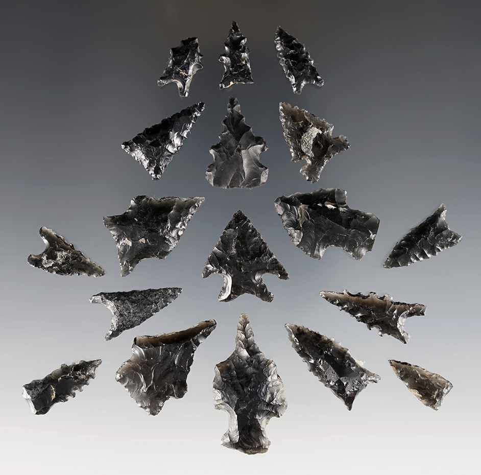 Set of 18 Obsidian points that were once glued to a board. Found in the New Mexico area.