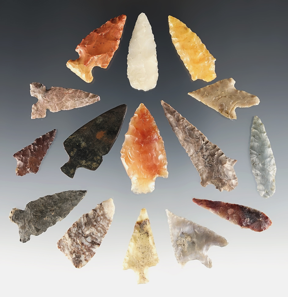 Set of 15 colorful points found in the Western U.S. The largest is 1 3/4".