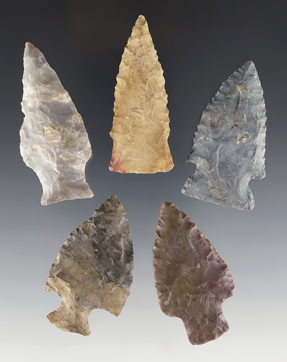Set of 5 nicely made Ohio points. The largest is 2 5/16".