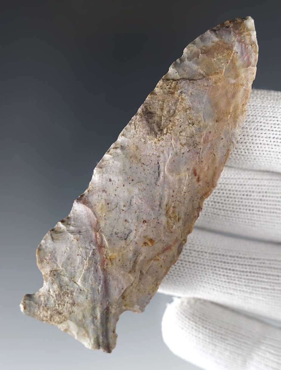 Highly colorful 3 9/16" Corner Notched Knife found in Mercer Co., Ohio by Everett Cull.