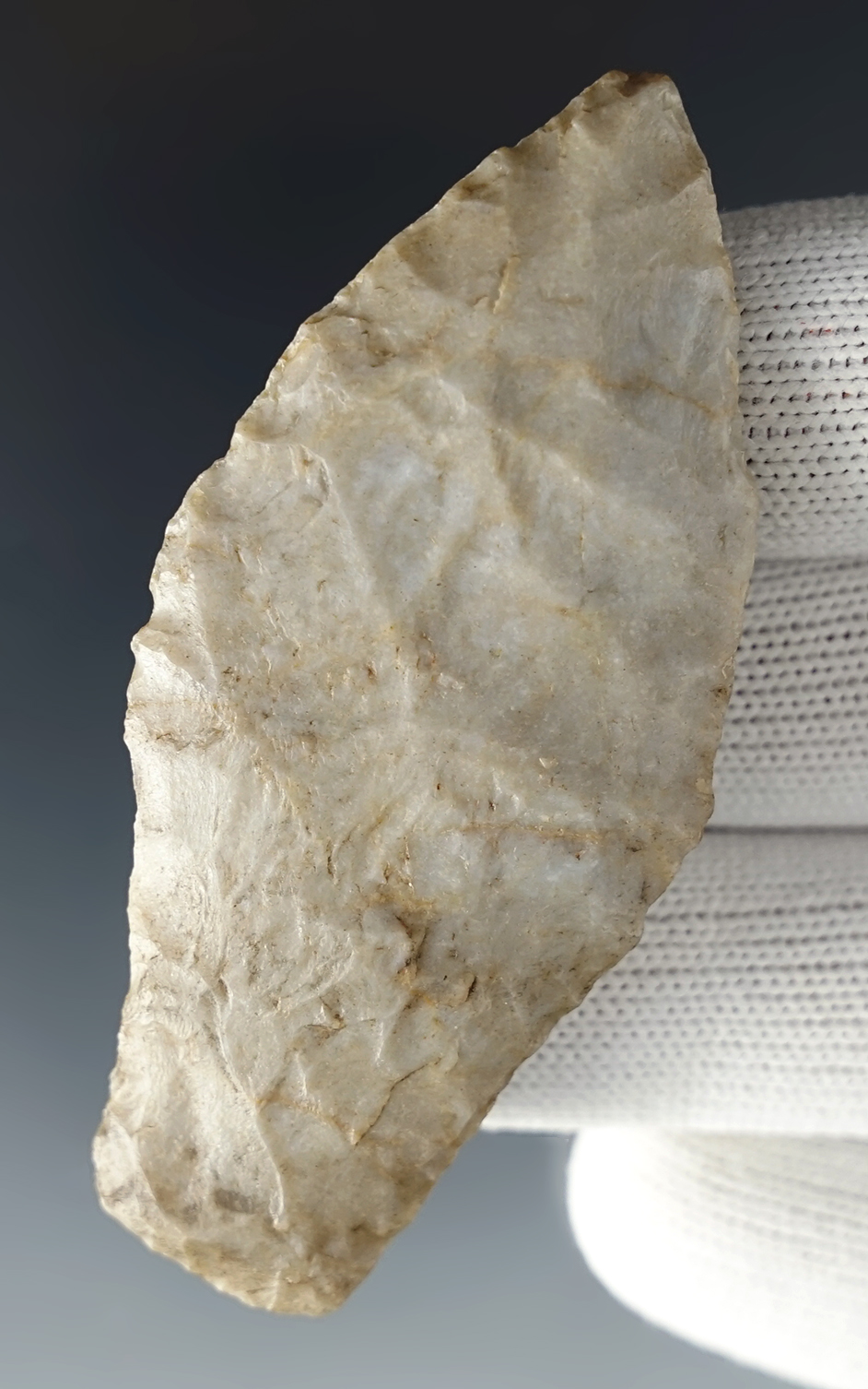 2 13/16" Paleo Stemmed Lance with nice ancient grinding to the stem area. Found in Ohio.