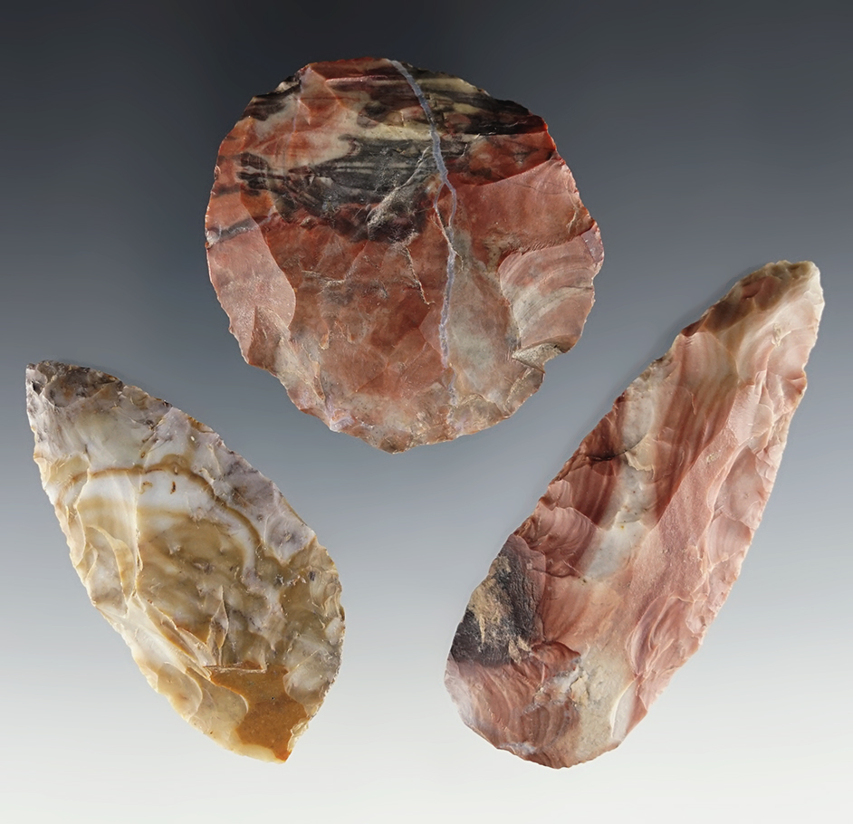 Amazing color on this set of three Ohio Blades made from Flint Ridge Flint. One is Ex. Vietzen.