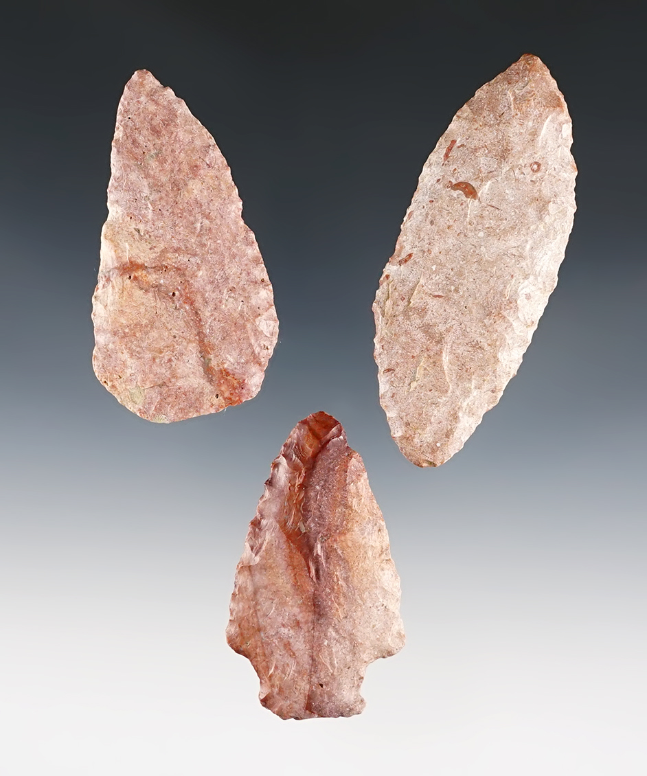Set of 3 colorful points made from Kay County Chert. Found in Kansas. The largest is 3 1/8".