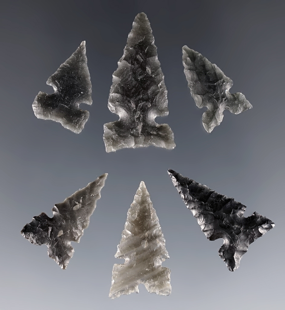Set of 6 Sidenotch Arrow Points found in the Great Basin area. The largest is 1 1/8".