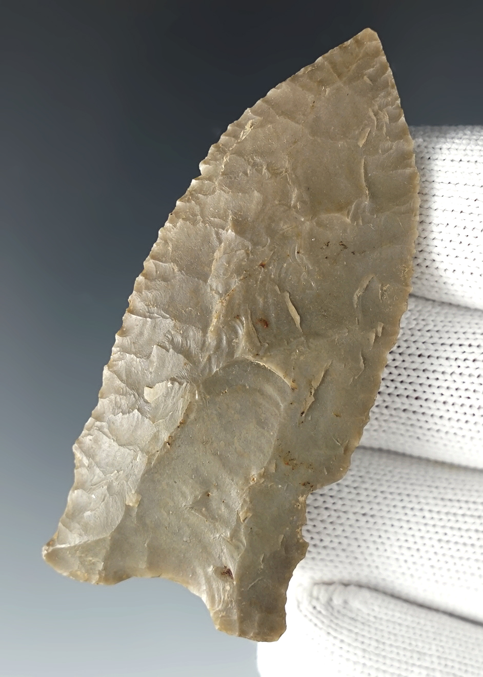 Excellent edge serrations on this 2 3/4" fluted knife recovered in Kentucky.
