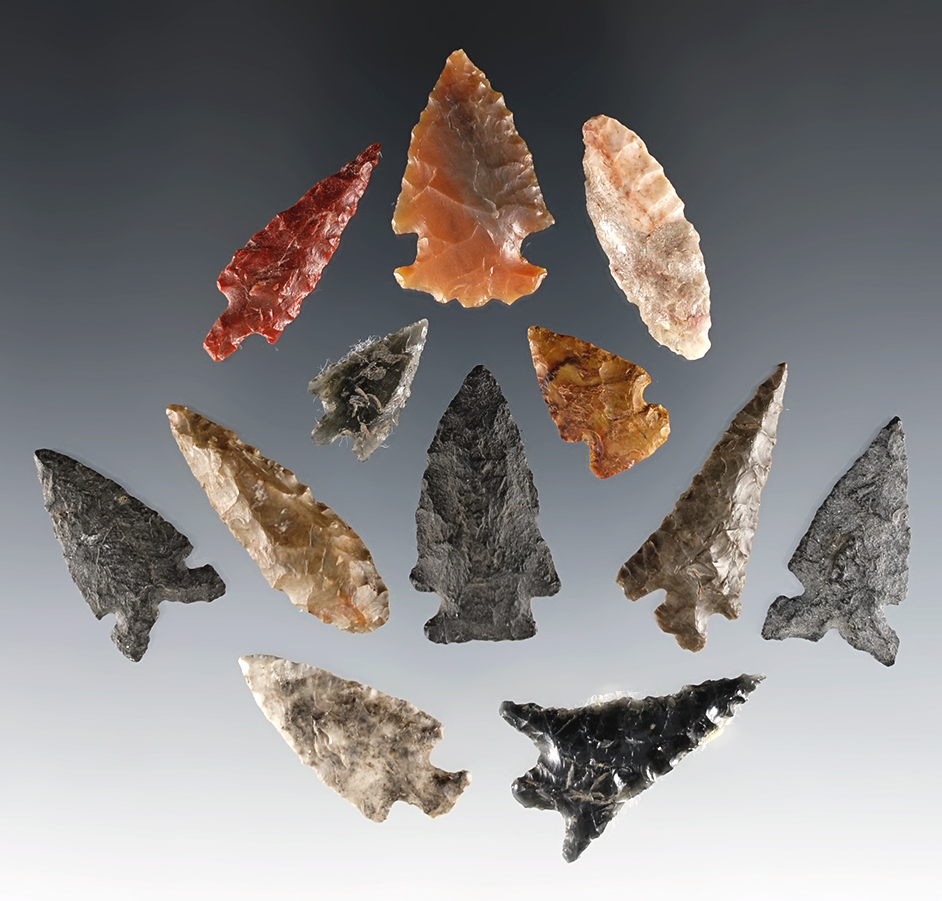 Set of 12 colorful points found in the Western U.S. The largest is 1 1/4".