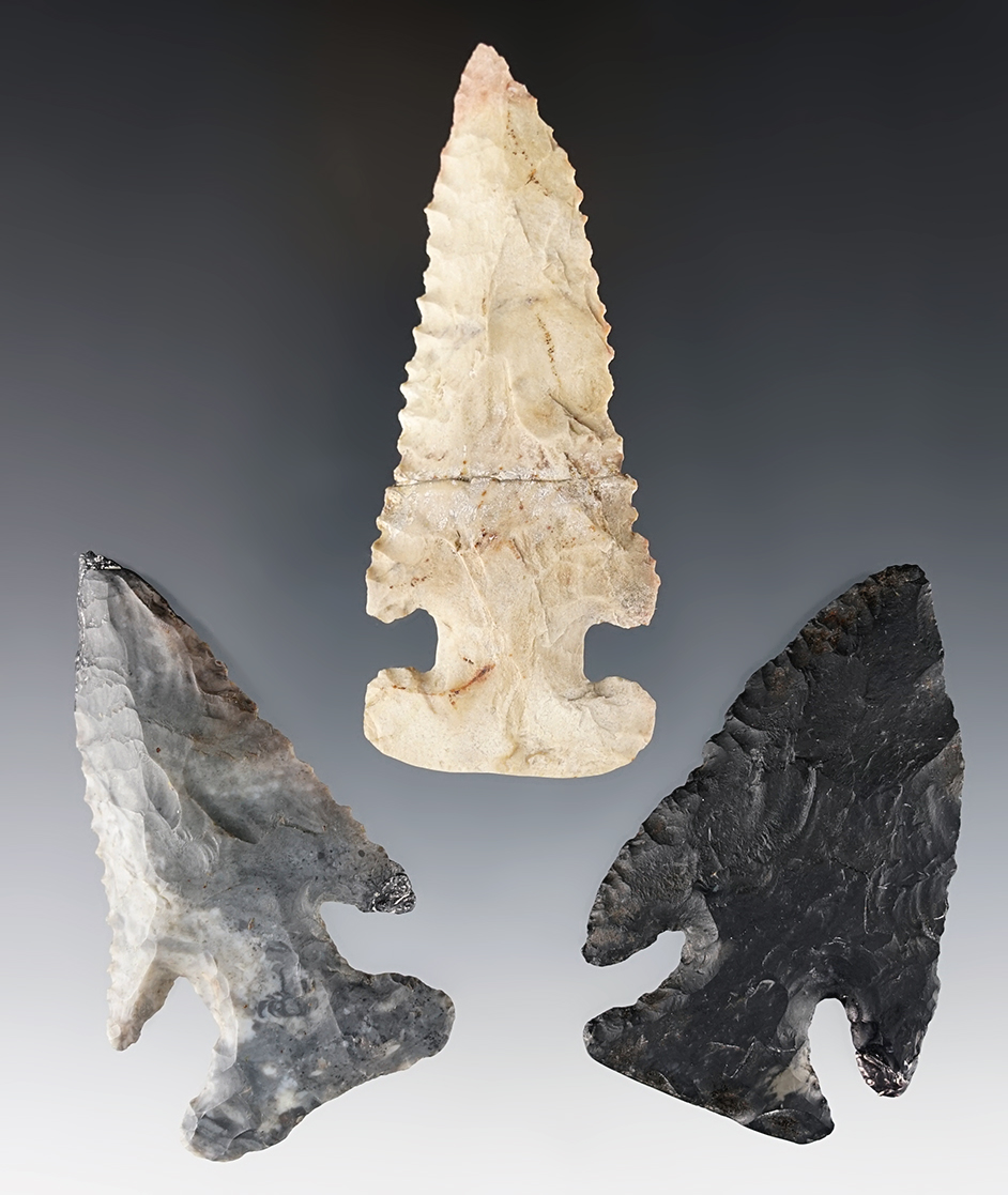 Set of 3 Archaic Thebes. 2 are from Ohio and 1 from Illinois. 2 are restored and 1 is glued.