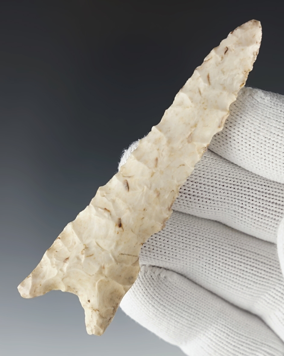 Fine 3 5/16" serrated Dalton - Macon Co., Missouri. Heavily resharpened in ancient times.