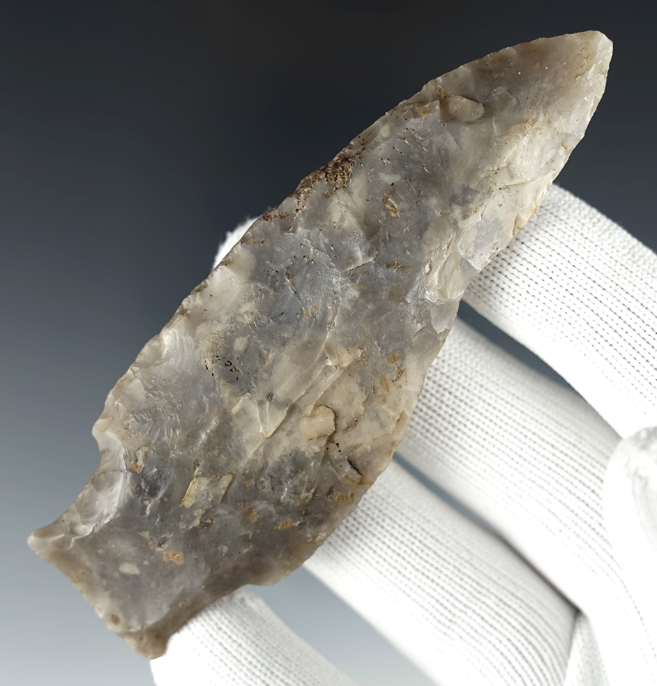 4" stemmed Chalcedony Knife recovered in Ohio. Stem sides & base have nice ancient grinding