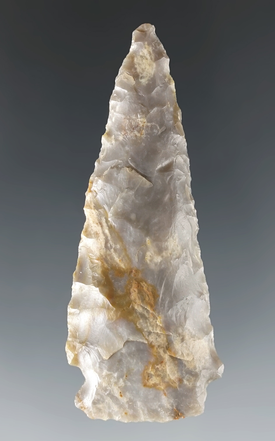 2 9/16" Cornernotched point made from semi-translucent Flint Ridge Flint. Found in Ohio.