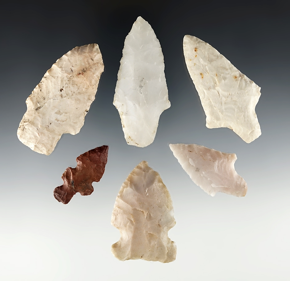 Set of 6 nice Arkansas points in fine condition. The largest is 2 11/16".