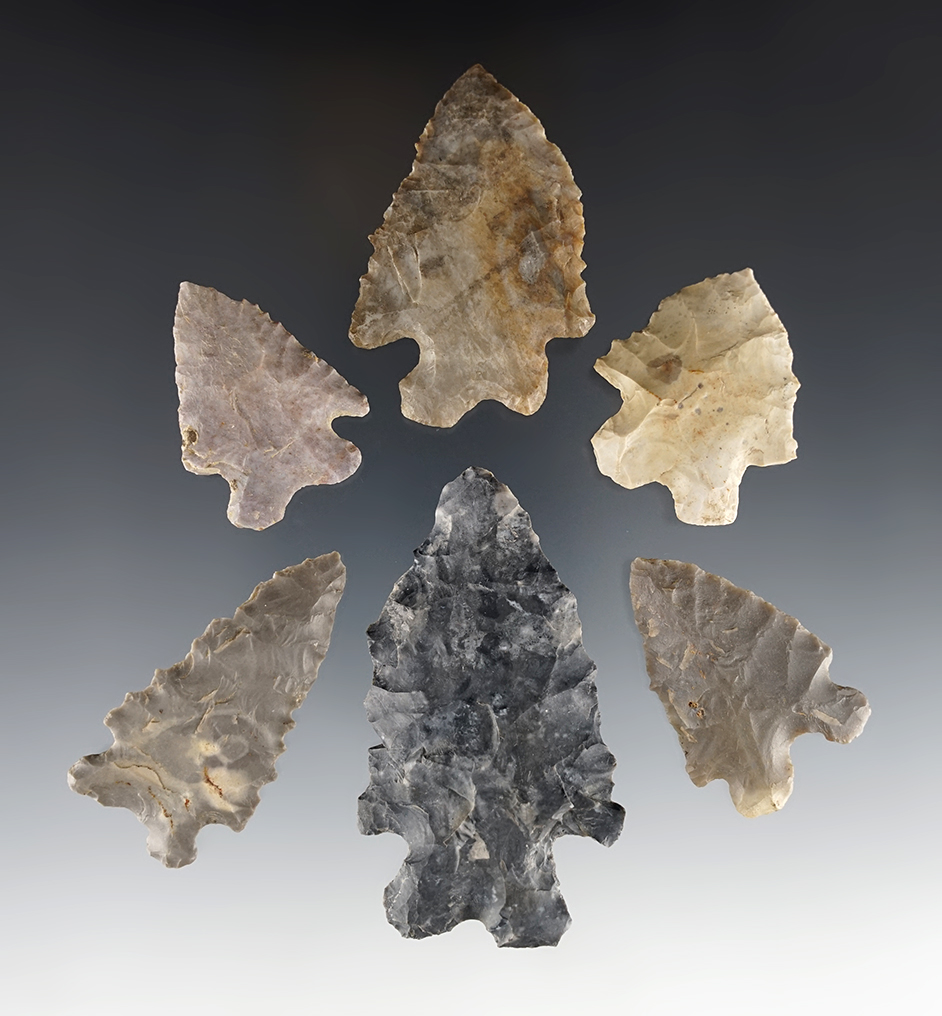 Set of 6 classic Ohio Archaic MacCorkle Bifurcates found in Ohio. The largest is 2 7/8".
