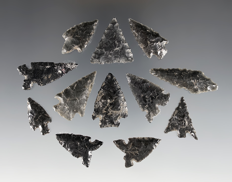 Set of 12 points found in Oregon. Made from Obsidian. The largest is 1 7/16".
