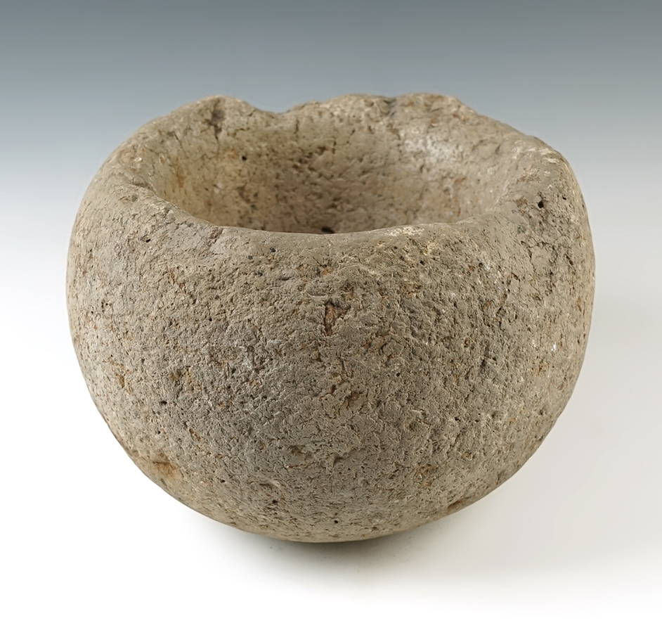 Very deeply scooped 7 3/4" wide by 5 1/2" tall stone bowl found by Dr. Gurley in  Kentucky.