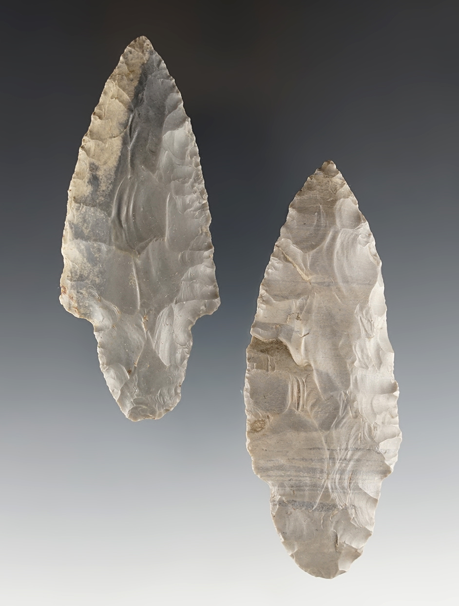 Pair of nicely made Indiana Adena points made from Hornstone. The larger is 3 1/2".