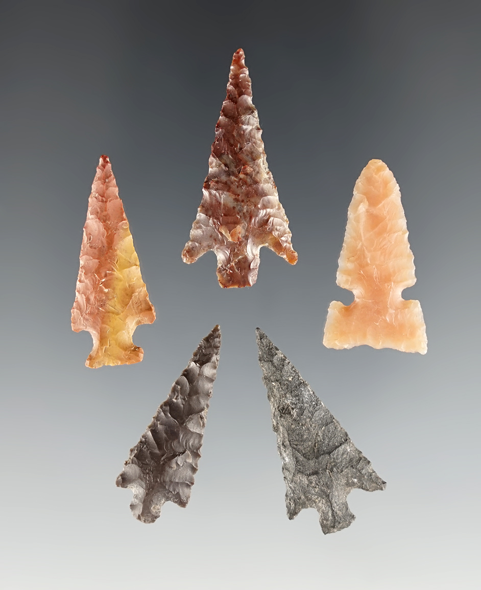 Set of 5 well made points found near the Columbia River in Washington. The largest is 1 3/8".