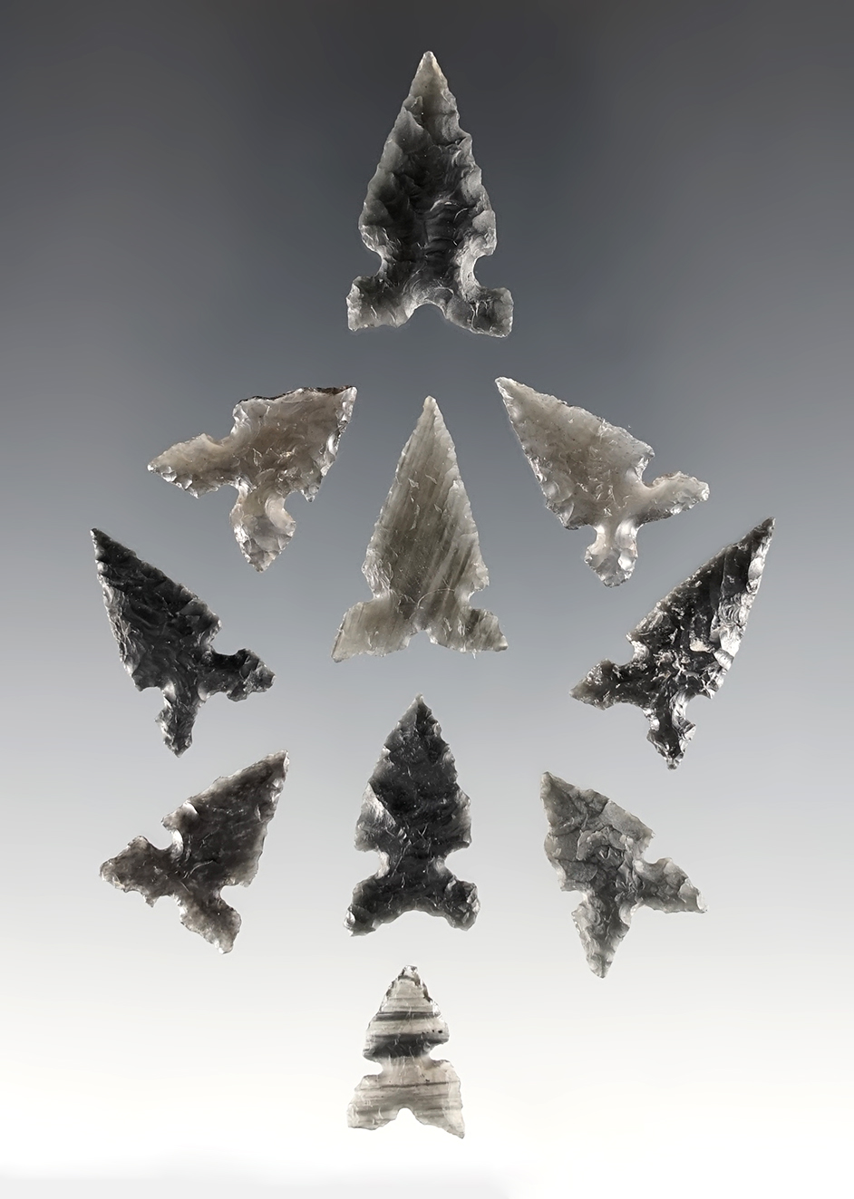 Set of 10 Sidenotch Arrow Points found in the Great Basin area. The largest is 1 1/8".