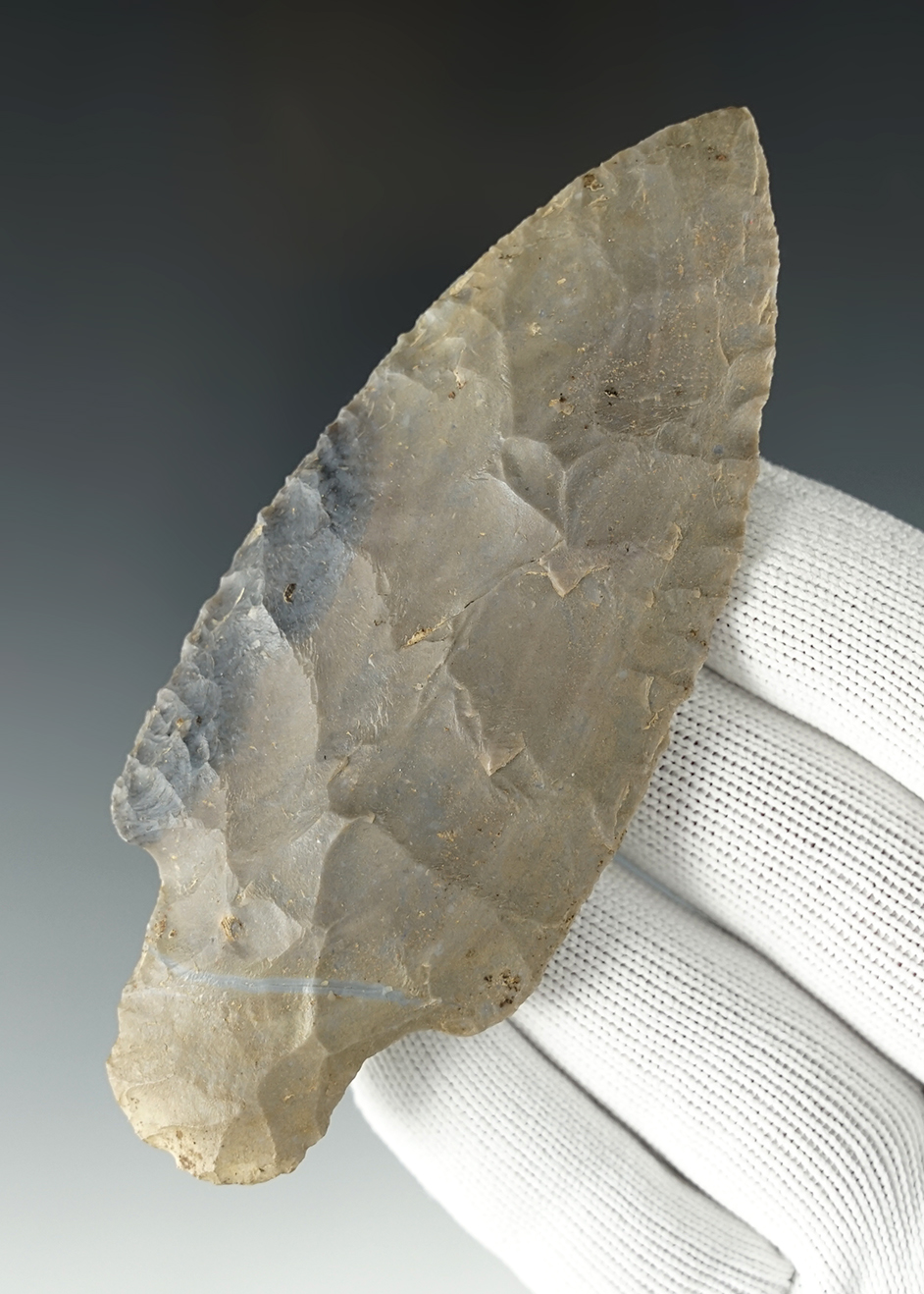Superb 4 1/4" Adena that is thin and well made. Found in Kentucky.  Patinated Hornstone.