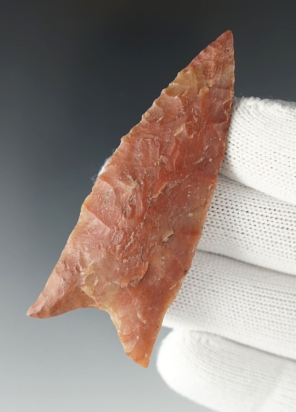 2 3/4" Dalton with restoration to  tip and one basal lobe by Keith Etchison. Found in Arkansas.