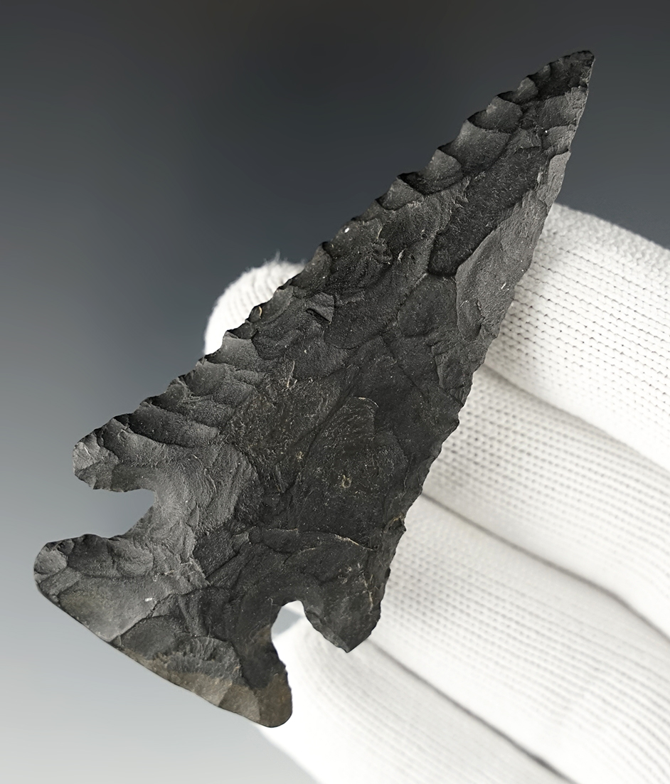 Exceptional 3 3/16" steeply beveled Archaic Thebes - heavy ancient basal grinding.  Ohio.
