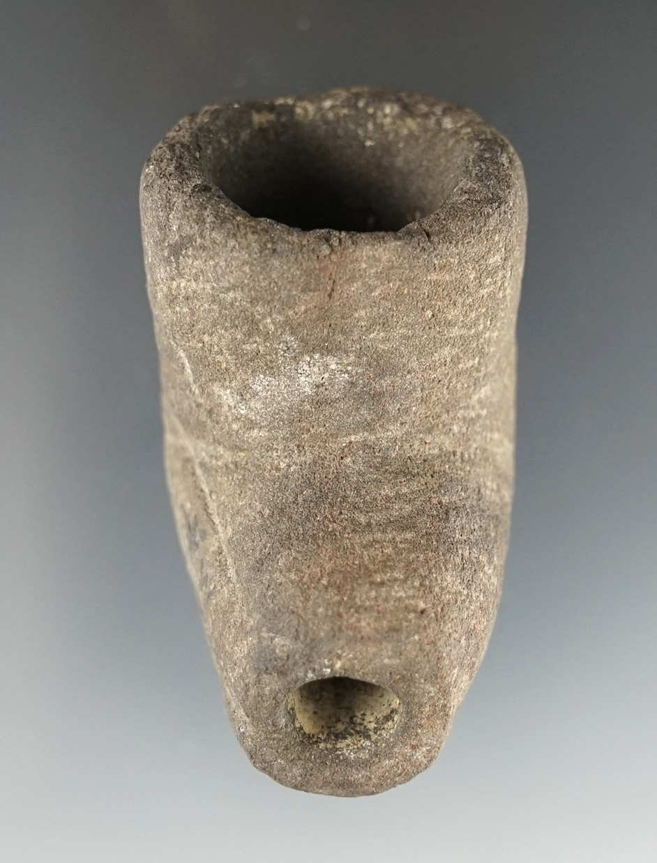 Well patinated 2 1/4" x 1 3/4" Stone Elbow Pipe found in 1965 in Ohio. Ex. Dean Driskill.