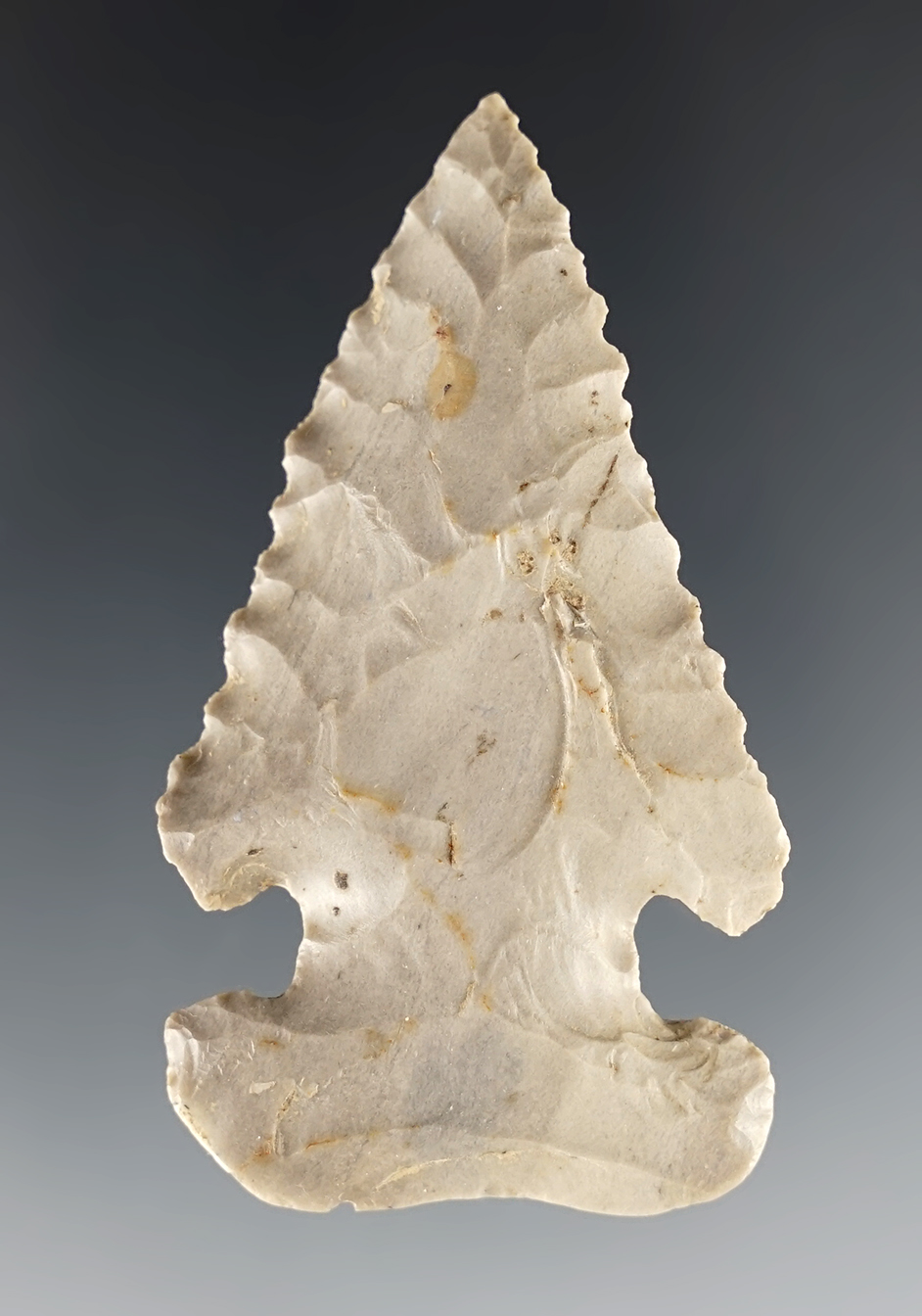 2 5/16" Thebes E-Notch that is steeply beveled with heavy ancient basal grinding.  Ohio.