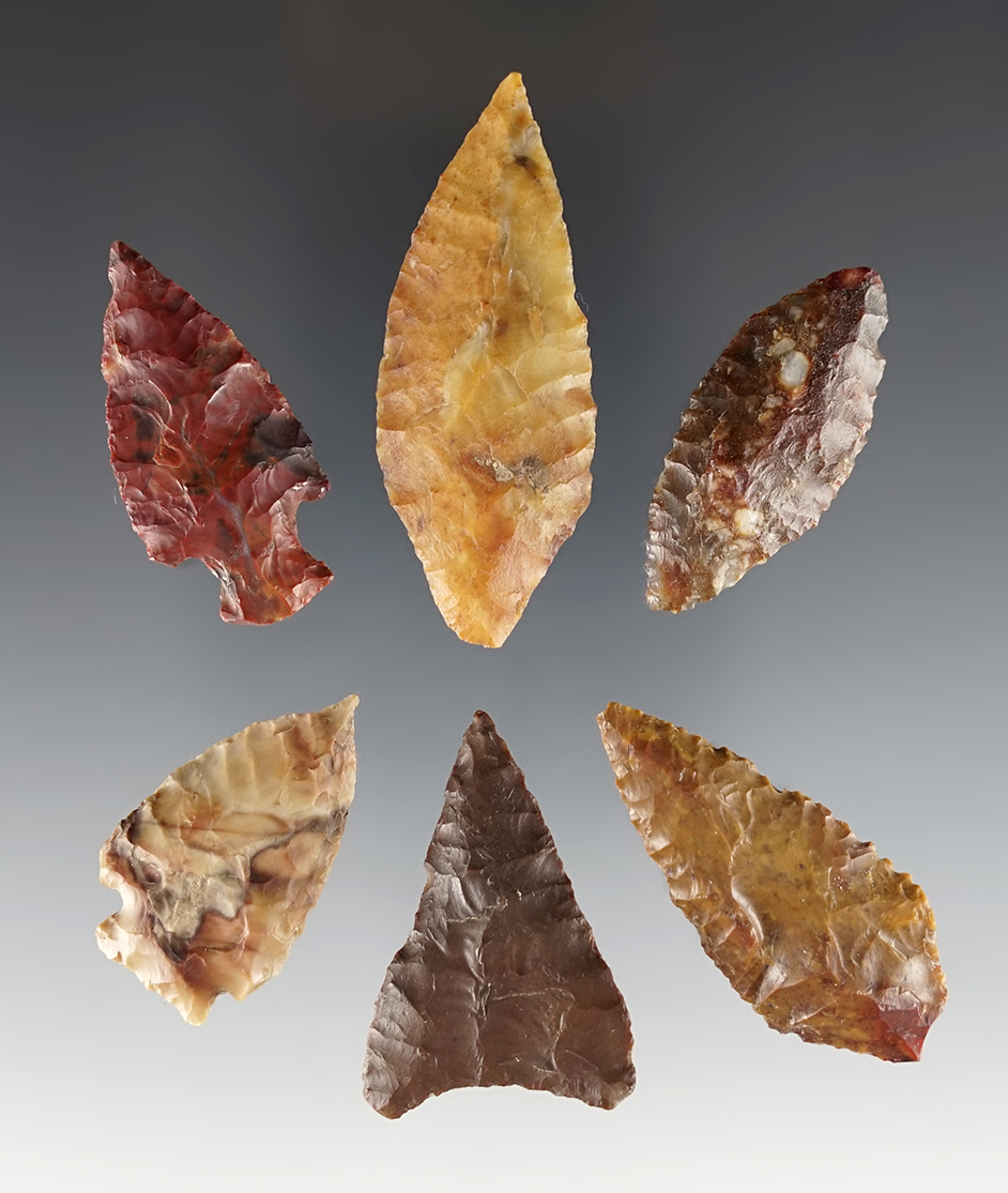 Set of 6 colorful points found near the Columbia River in Washington. The largest is 2 1/4".