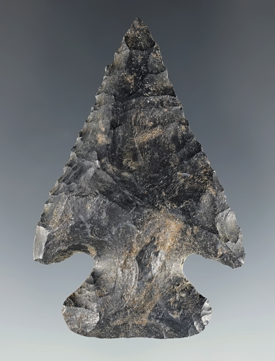 2 1/4" Archaic Ohio Thebes that is steeply beveled. Made from Coshocton Flint.