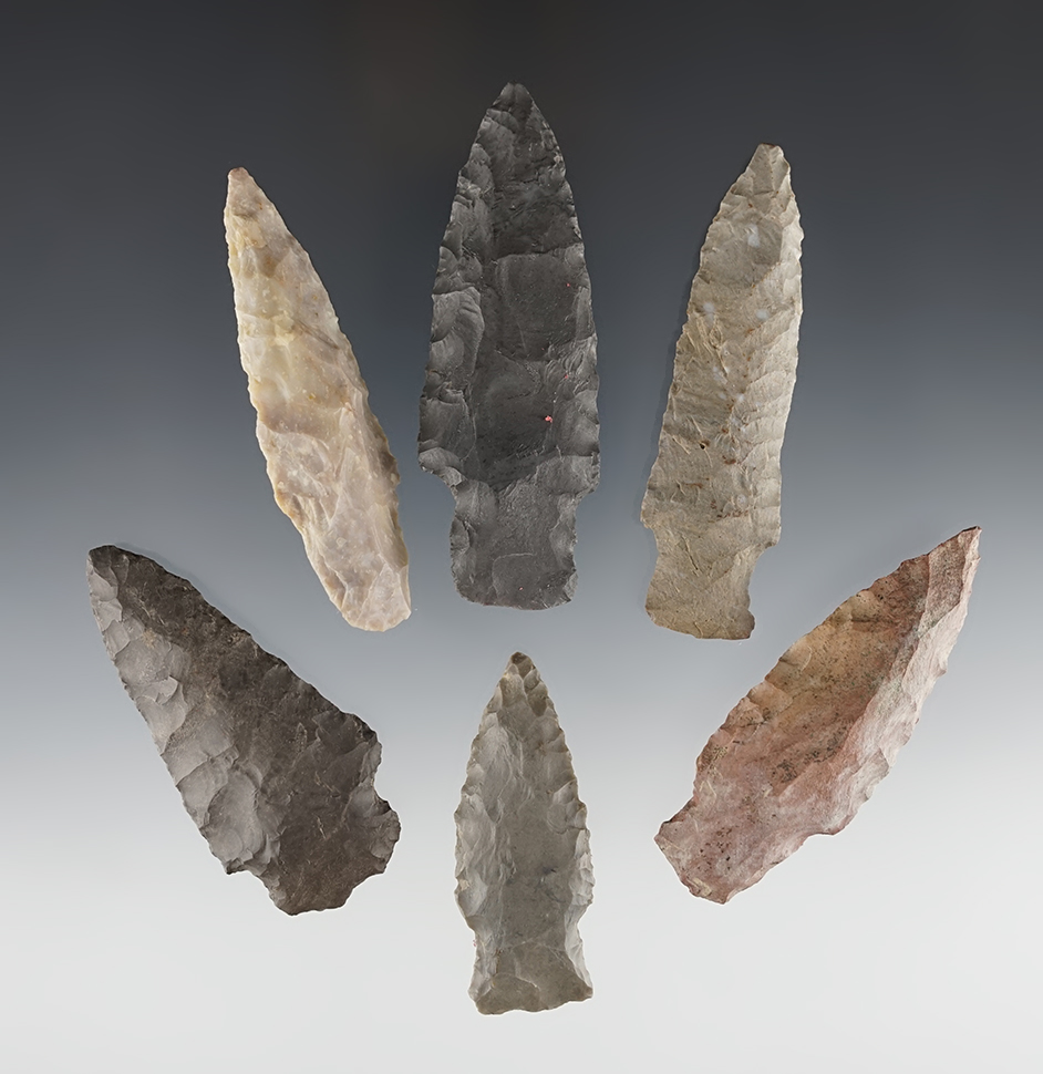 Set of 6 nice Stemmed points found in Ohio and Kentucky. The largest is 3 3/8".