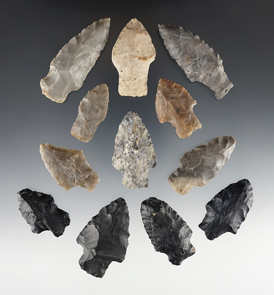 Set of 12 Archaic Stemmed points found in various Ohio counties. The largest is 2 1/2".