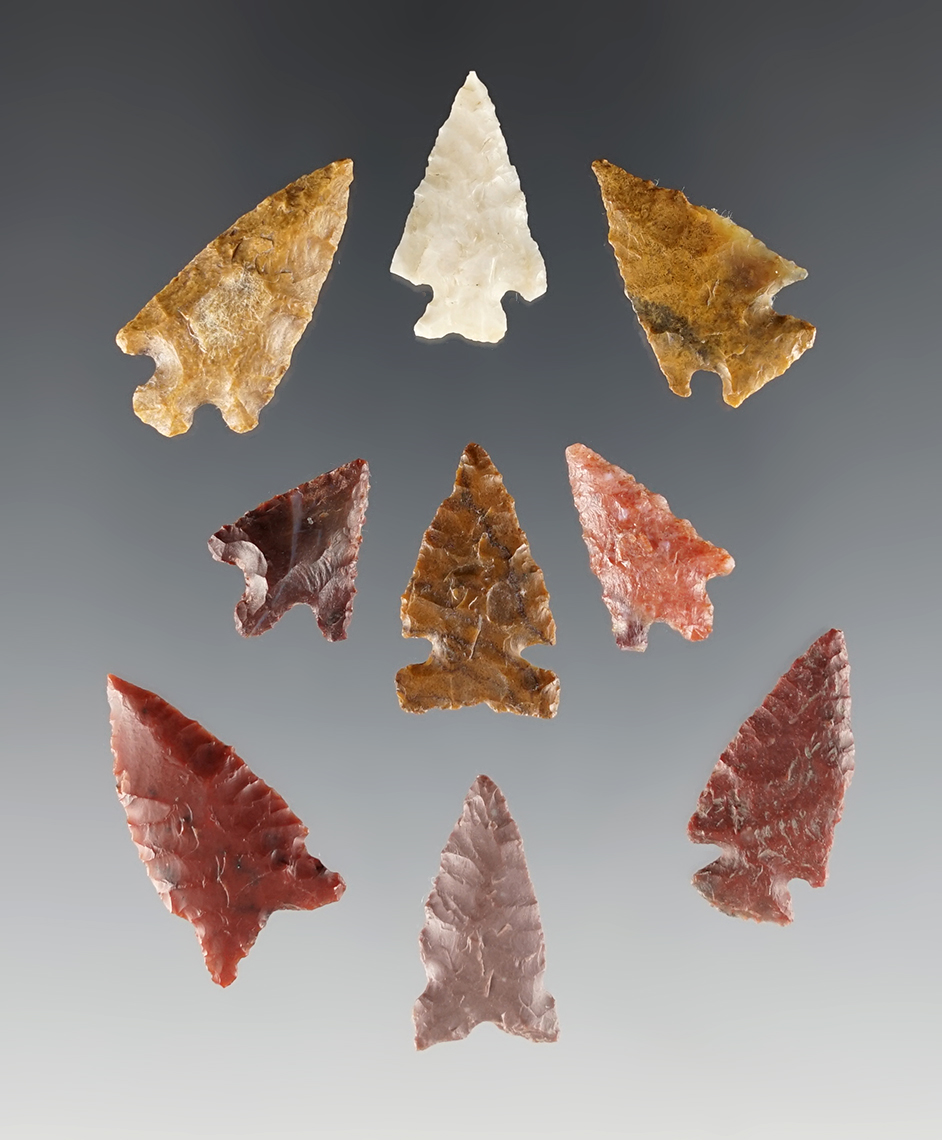 Set of 9 colorful points found in the High Plains area. The largest is 1".
