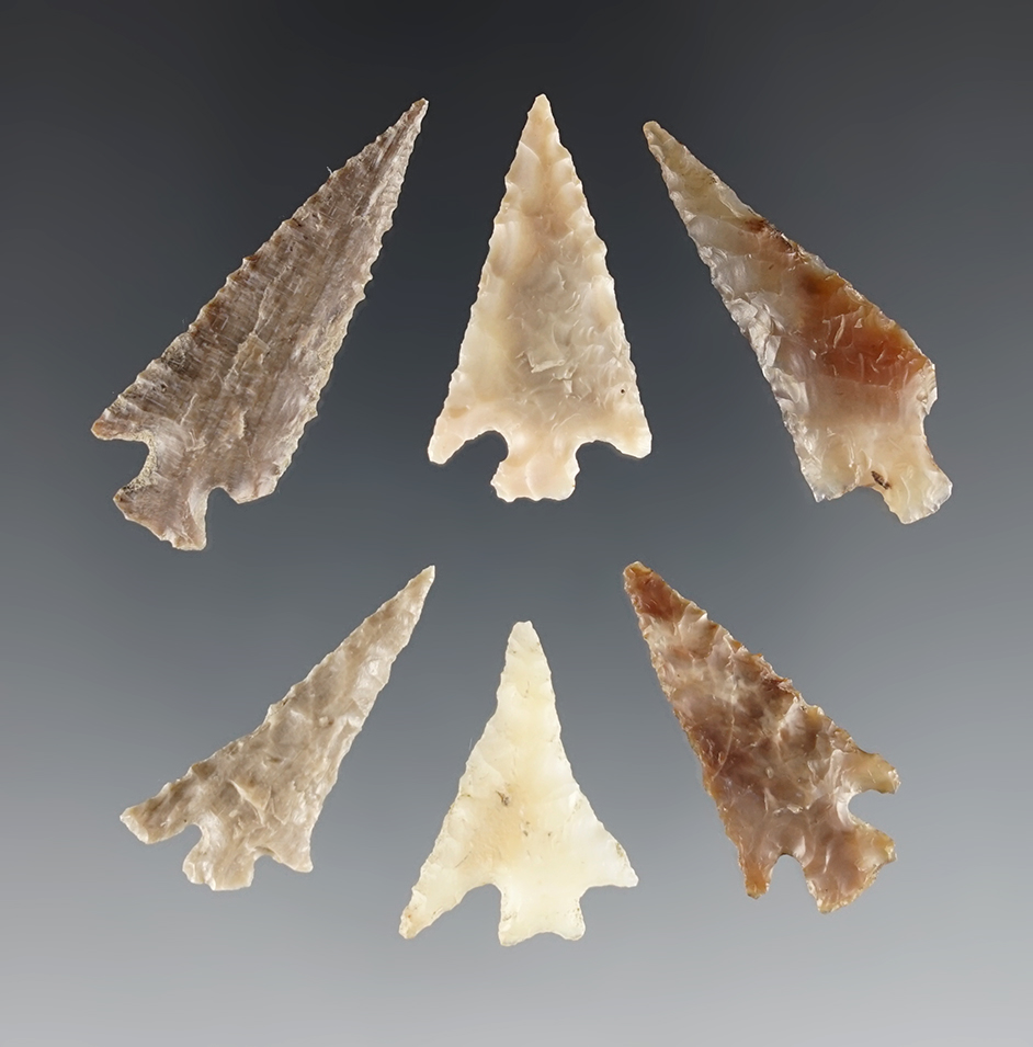 Set of 6 well made Columbia Plateau points found near the Columbia River in Oregon.