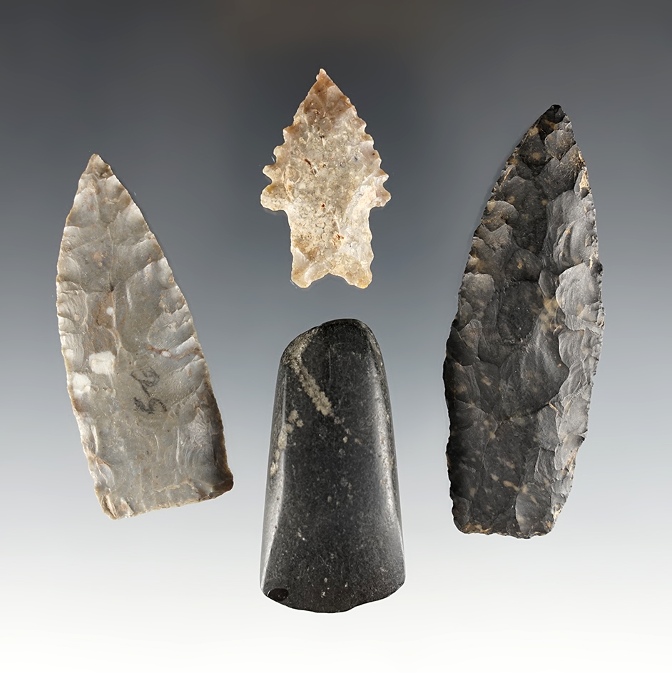 Set of 4 assorted artifacts from various locations. Includes three points and a Celt.