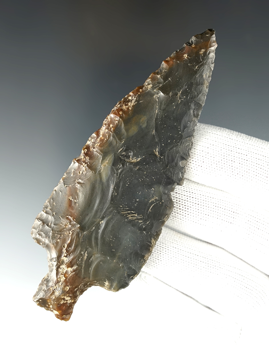 Beautifully flaked and nicely styled 4 3/8" Bottleneck Knife - attractive Sonora Flint. Kentucky.