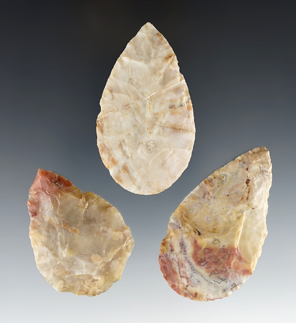 Set of three colorful Ohio Adena Cache Blades made from Flint Ridge Flint. The largest is 2 1/2"