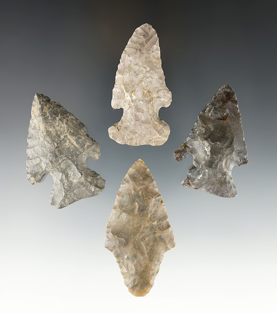 Set of 4 assorted points found by James Moffett between Zoar and Bolivar, Tuscarawas Co., OH.